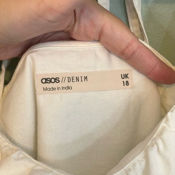 ASOS Design Denim Mini Dress Womens 14 White Square Neck Frill Smock Babydoll - Picture 12 of 13